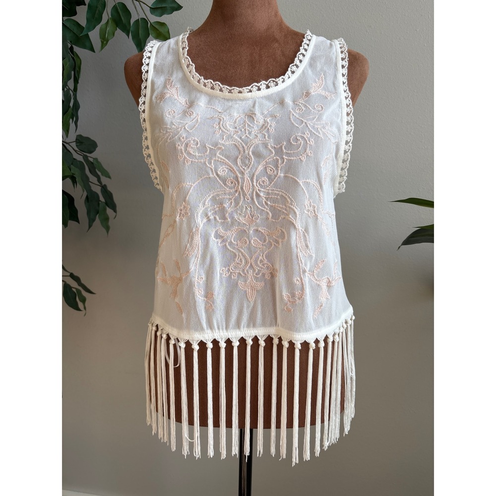 Jealous Tomato White Embroidered Fringe Tank Top Women's Size S